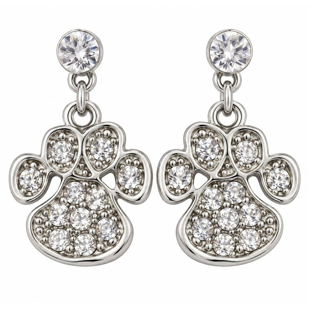 Paw Print Clear CZ Earrings Silver-tone Dangle Dog Mom Cat Pet Lover